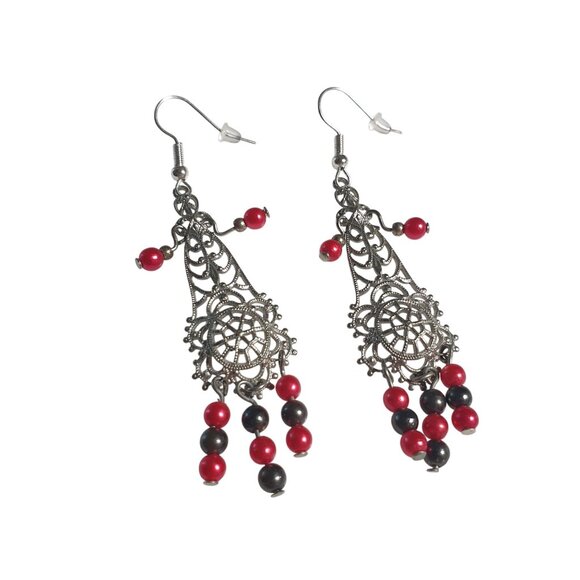 Metal Filigree Chandelier Earrings With Red Black Beads Dangling Hook Design - Picture 1 of 5